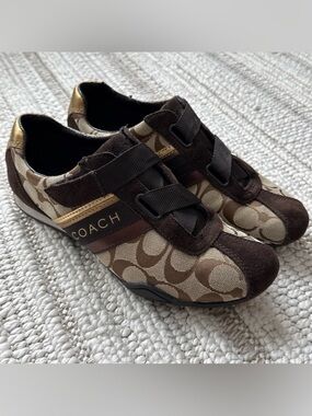Coach Jenney Women's Size 7.5 Shoe M Q1036 Brown/Gold Sneakers Signature Logo